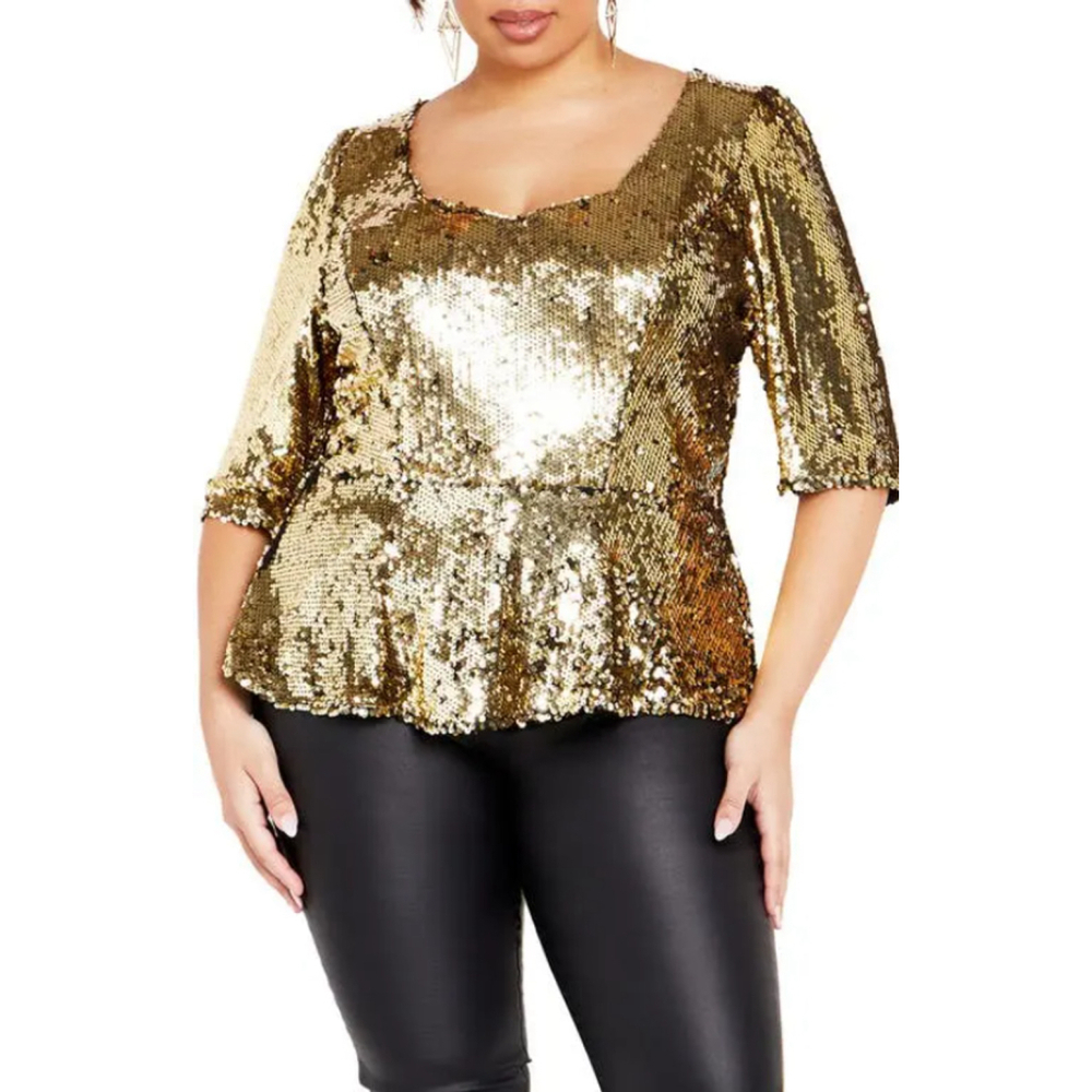 NWT with Flaws City Chic Gold Sequin Puff Peplum Top Size 16